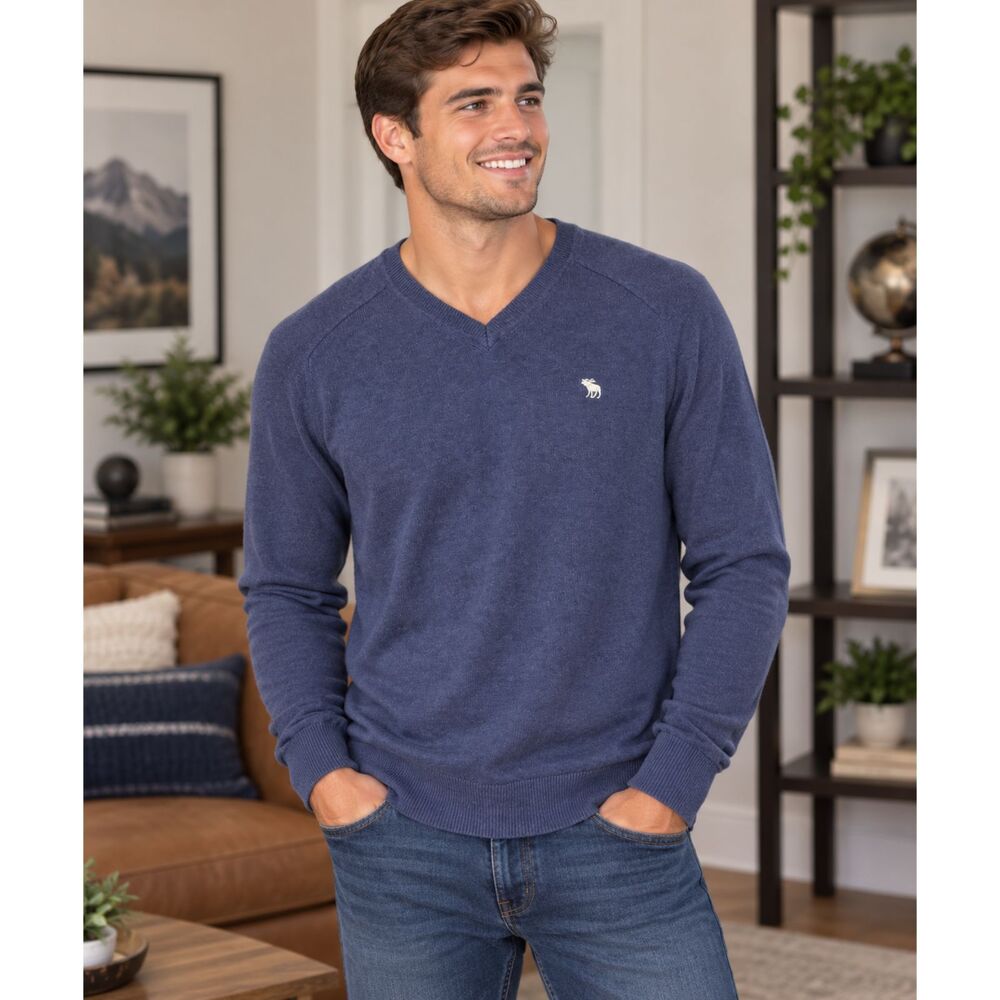 Abercrombie & Fitch Mens Size Medium Blue V-Neck Sweater Cashmere Blend Logo